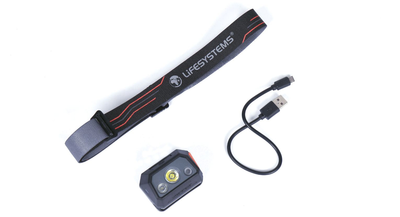 Lifesystems Intensity 300 head torch shown disassembled, featuring the adjustable branded head strap, compact LED torch unit, and a USB charging cable on a white background.